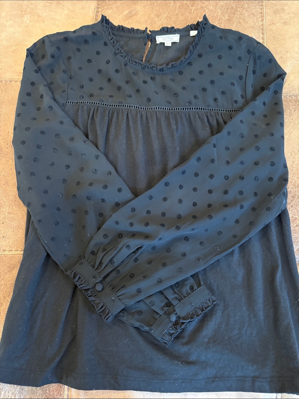 Fat Face Black Swiss Dot Long Sleeve Blouse with Ruffle Neck